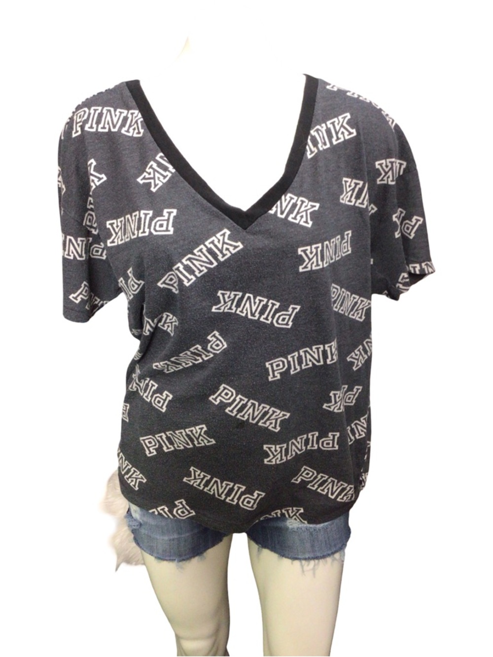 PINK Victoria's Secret Charcoal Gray Logo V-Neck Tee